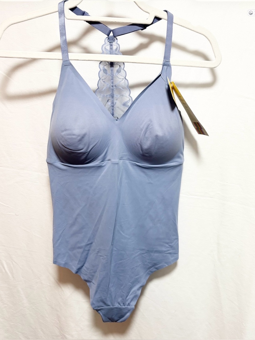 True & Co. Lace-Trim V-Neck Racerback Bodysuit in slate Blue